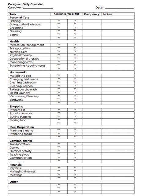 Printable Caregiver Daily Log Sheet Checklist Template For Elderly