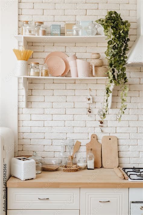 White Kitchen Utensil Shelf Interior Background Brick Wall At