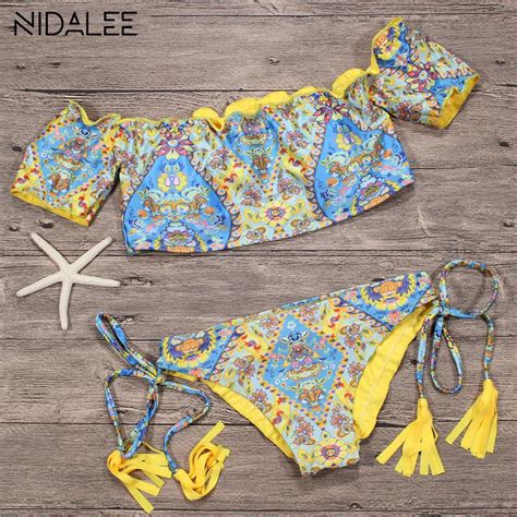 2018 Off Shoulder Bikini Women Swimwear Floral Push Up High Cut Bathing Suit Swimming Suit For