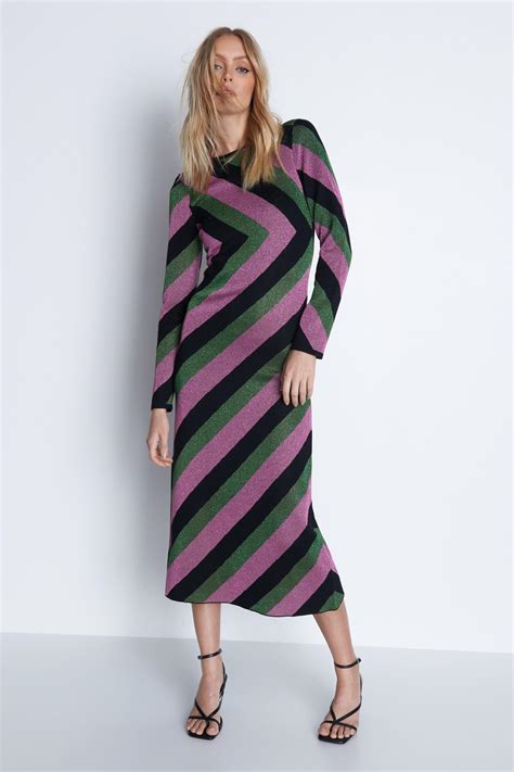 Dresses Diagonal Metallic Stripe Knit Midi Dress Warehouse