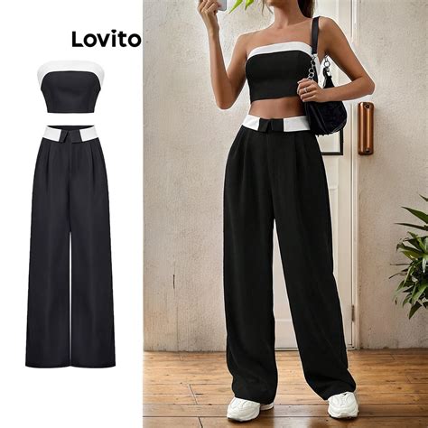 Lovito Casual Conjunto de Calça Básica Bloco de Cores para Mulheres