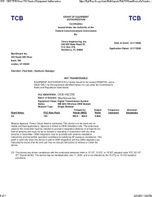 Fillable Online FCC OET TCB Form 731 Grant Of Equipment Authorization