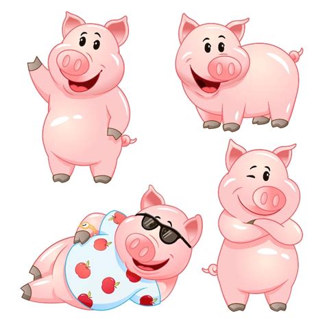 Personnages De Cochon Dessin Anim Mignon Dans Diverses Poses Ensemble