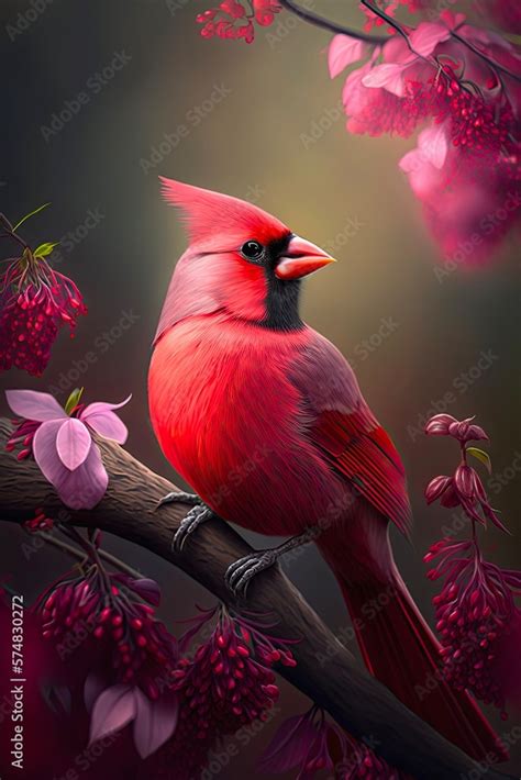 Detailed Realistic Illustration Of Beautiful Male Red Cardinal In Garden Virginian Cardinal On