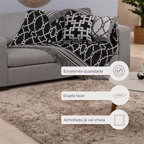 Kit Xale e Almofadas Decorativa Grécia Jacquard Dupla Face 05 Peças