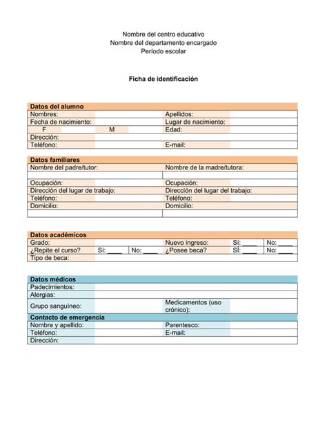 Ficha De Identificacion Para Mantener El Orden Con Nuestros Alumnos PDF