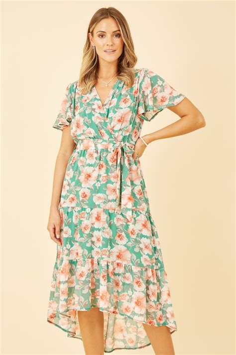 Mela Green Floral Wrap Dress With Tiered Dipped Hem Mela