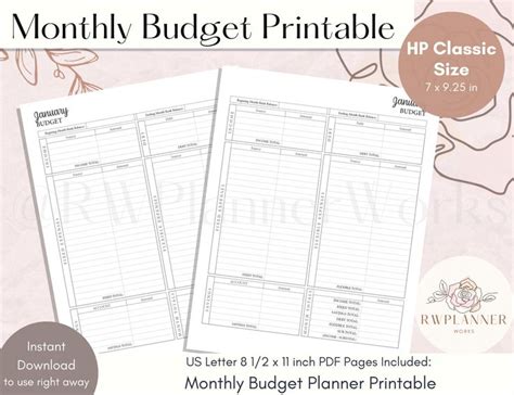 Monthly Budget Planner Printable Budget Insert Hp Classic Size