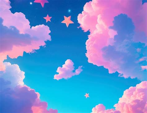 Pink clouds and stars blue sky cute aesthetic wallpaper | Premium AI ...