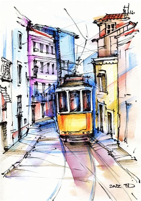 Lisbon Print Travel Sketch Lisbon Cityscape Watercolor Etsy Travel