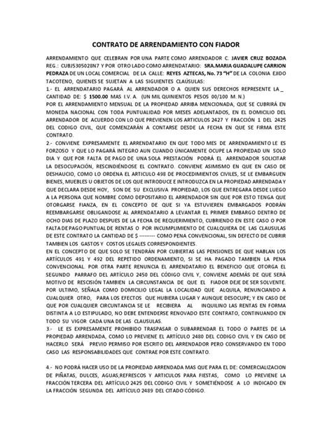 Contrato De Arrendamiento Con Fiador Para Carmelo Pdf Alquiler Derecho Civil Sistema Legal