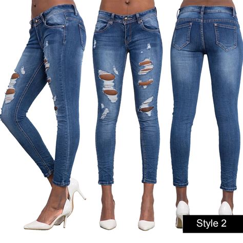 Women Ladies Sexy Stretch Faded Ripped Skinny Fit Denim Jeans Size 6 8