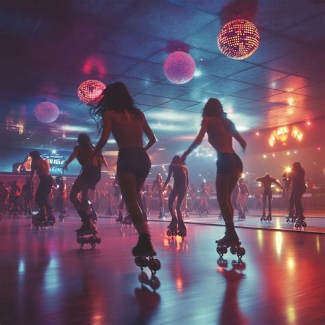 Candid Shot Of Friends Rollerskating At A 1970s Rink Premium Ai