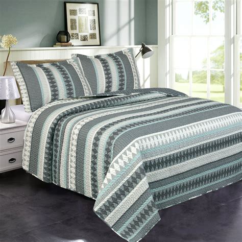 Stripe Grey Green 3 Piece Quilt Bedding Set, King Size,Bedspread ...