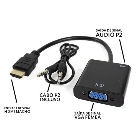 Cabo Conversor HDMI Macho para VGA Fêmea Áudio Auxiliar P2 Apolum