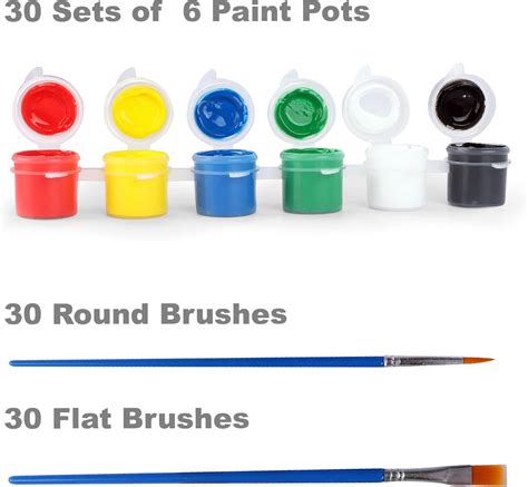 Tempera Paint Pots, 30 Pack of 6 Primary Colors and 2 Brushes (180 Pots & 60 Brushes Total ...