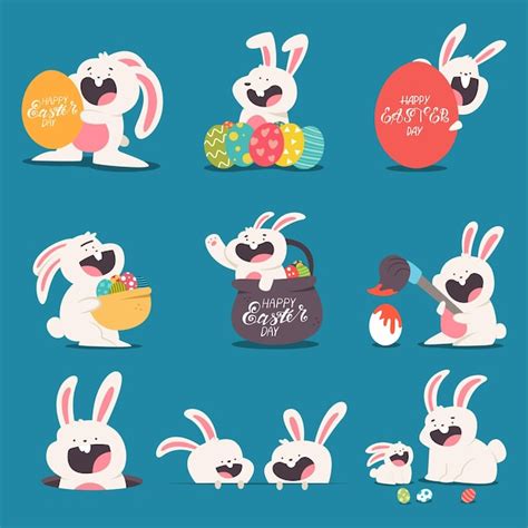 Joli lapin de Pâques avec des oeufs et des personnages de dessins