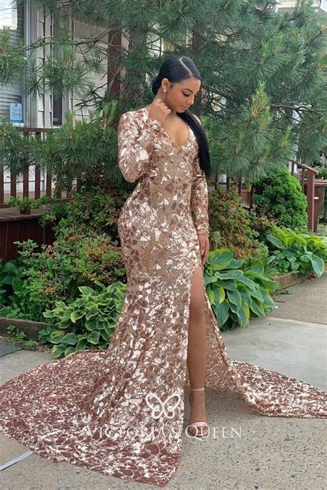 Stunning Rose Gold Long Sleeve Mermaid Prom Dress Vq