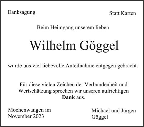 Traueranzeigen von Wilhelm Göggel schwaebische de Trauerportal