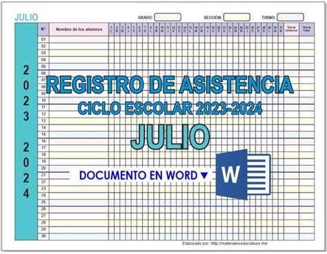 Registro De Asistencia Ciclo Escolar Documentos Editables