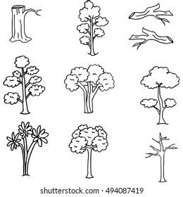 Hand Draw Tree Set Doodle Vector เวกเตอรสตอก ปลอดคาลขสทธ