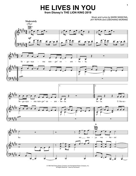 Lebo M. "He Lives In You (from The Lion King 2019)" Sheet Music Notes ...