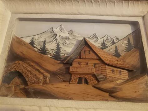 TABLEAU BOIS SCULPTE Chalet De Montagne Relief Vintage EUR 20 00