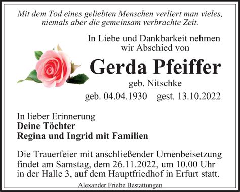 Traueranzeigen Von Gerda Pfeiffer Trauer In Thueringen De