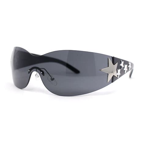 Rimless Wrap Around Shield Star Shimmer Sparkle Jewel Diva Sunglasses All Black