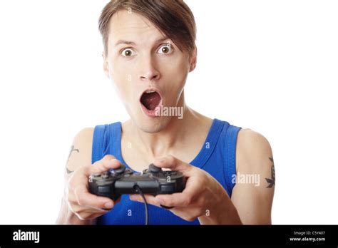 Man with joystick playing horror computer game Stock Photo - Alamy