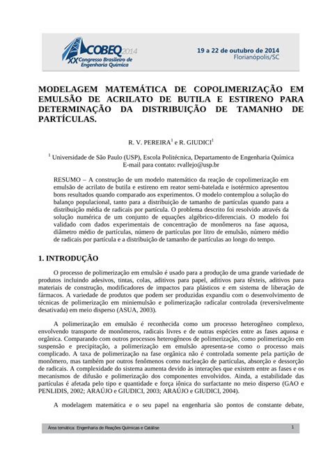 Pdf Modelagem Matem Tica De Copolimeriza O Em Emuls O De Pdf