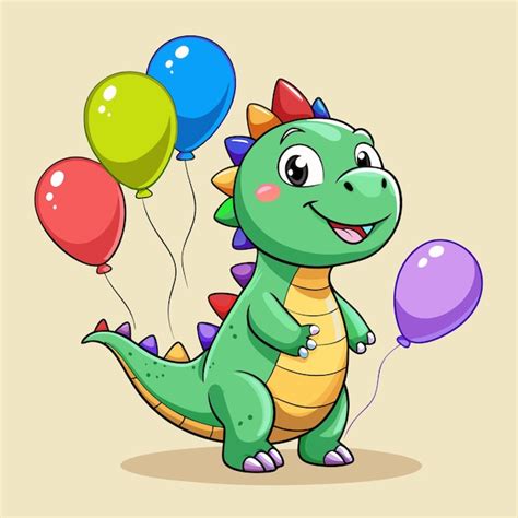 Joyful Happy Dinosaur Holding Colorful Balloons Cartoon Vector Artwork