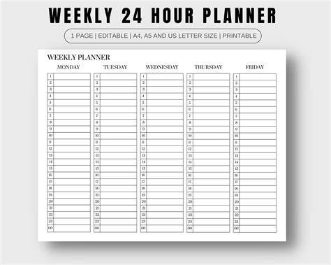 24 Hour Daily Planner Printable Hourly Weekly Schedule Pdf Time Blocking Week At A Glance Weekly