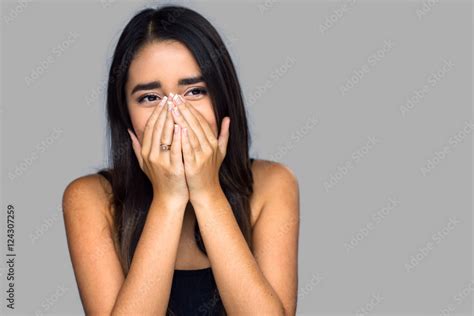 Surprised Embarrassed Expression Woman Covers Her Face Shy Shocked Emotional Stock Foto Adobe