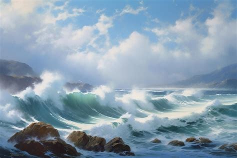 Premium AI Image | A painting of a wave breaking on the shore.