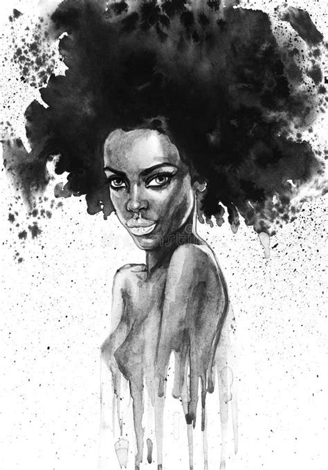 Hand Drawn Beauty African Woman With Splashes Watercolor Abstract