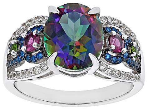 Mystic Fire Green Topaz Rhodium Over Sterling Silver Ring Ctw