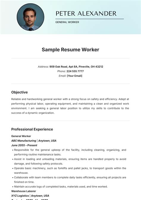 Free Sample Resume Worker Template To Edit Online