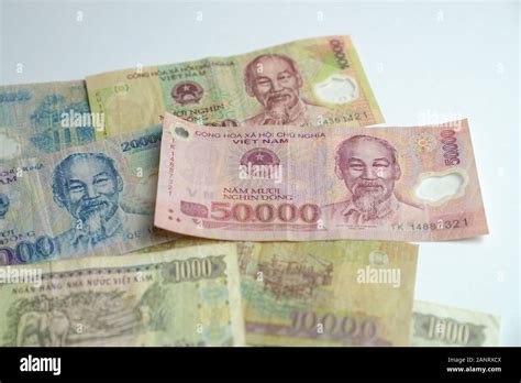 Vietnamese Money Dong Vnd On White Background Used Bank Notes Money