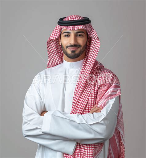 الاهتمام بالأناقة والمظهر الخارجي، بورتريه مقرب لرجل عربي خليجي سعودي مبتسم يرتدي الشماغ والثوب