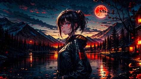 Anime Girl Lake Mountain Night 4k 2950j Wallpaper Iphone Phone