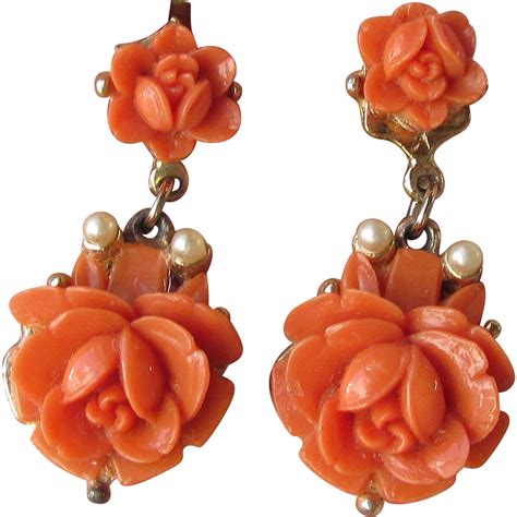 Coral Colored Celluloid Roses 1950s Japan Dangle Earrings Coral Jewelry Gold Jewellery