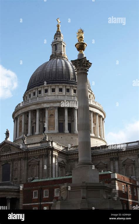 St Paul S Cathedral Dome And Golden Cross With Sculpture Of Flames In