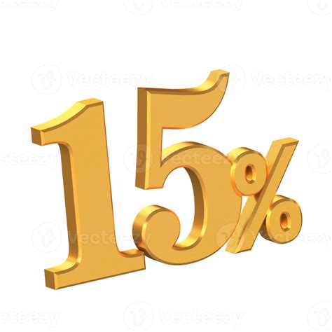 Fifteen Percent Off 3D Gold Letters On Transparent Background Rendering