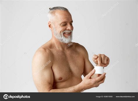 Portrait Handsome Mature Gray Haired Man Smiling Standing Shirtless