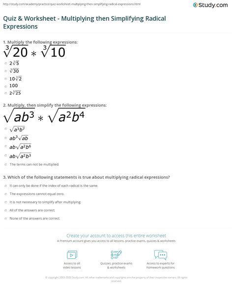 Quiz And Worksheet Multiplying Then Simplifying Radical Expressions