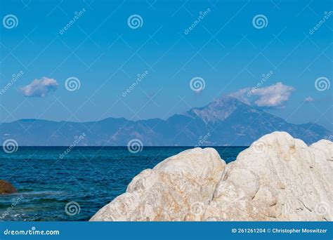 Sithonia Rock Formation With Scenic View Of Holy Mount Athos From