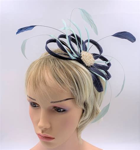 Navy And Aqua Feather Fascinator With Pearls Elegant Navy Etsy Uk