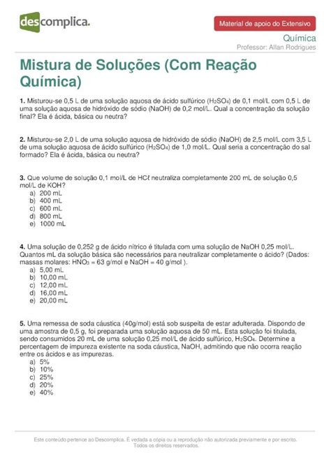 Pdf Mistura De Soluções Com Reação Química Consumidos 20 Ml De Uma Solução 0 25 Mol L De