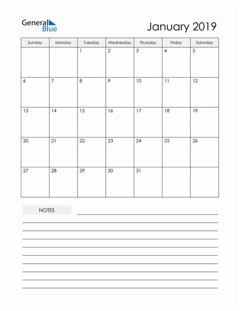 January 2019 Monthly Planner Calendar